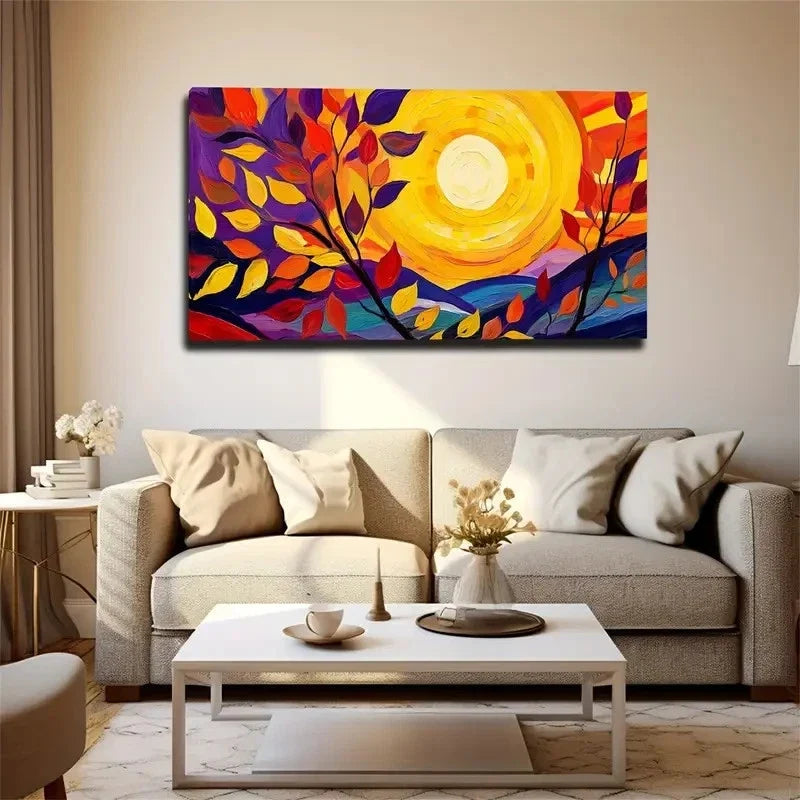 Round Yellow Sun Leaves Wall Art Canvas Office Home Room Framed 80x45cm