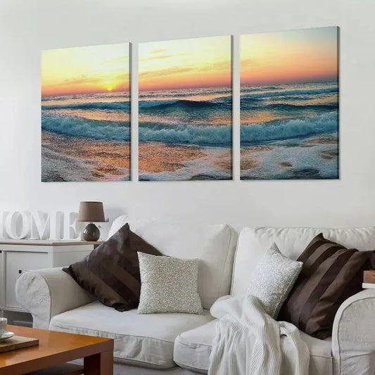 3pcs Elegant Ocean Sunrise View above Sea Waves Wall Art Set Canvas Framed 40x60cm - High Quality Print 100% Australian Made Wall Canvas Ready to Hang