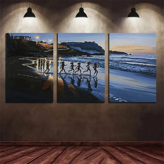 3pcs Children Chasing The Light Of Fireworks Metal Print Ready to Hang Art