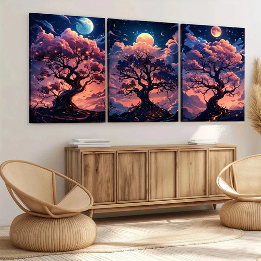 3pcs Cartoon Tree Glowing Branches Pink Clouds Wall Art Set Canvas Framed 40x60cm - High Quality Print 100% Australian Made Wall Canvas Ready to Hang