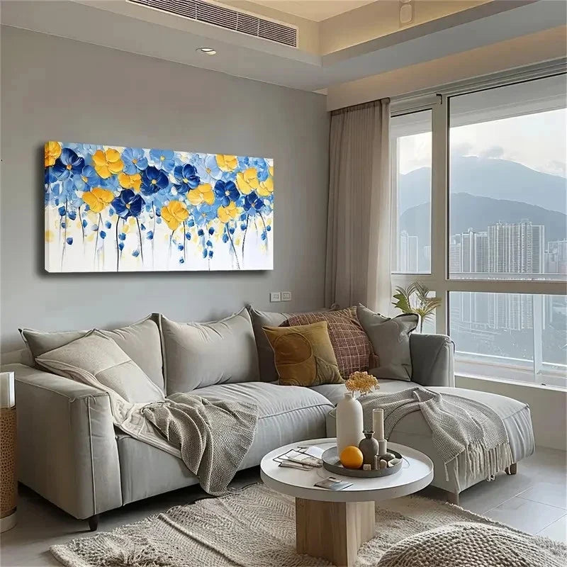 Bright Blue And Yellow Flowers Wall Art Canvas Office Home Room Framed 120x60cm