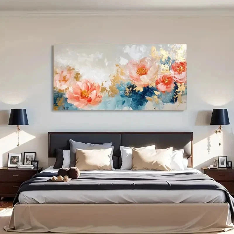 Peonies Abstract Golden Accents Wall Art Canvas Office Home Room Framed 120x60cm