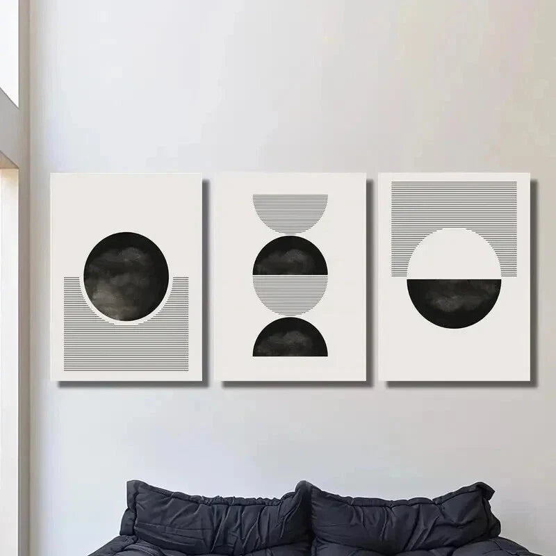 3pcs Black and White Geometric Circle and Line Wall Art Set Canvas Framed 40x60cm - High Quality Print 100% Australian Made Wall Canvas Ready to Hang