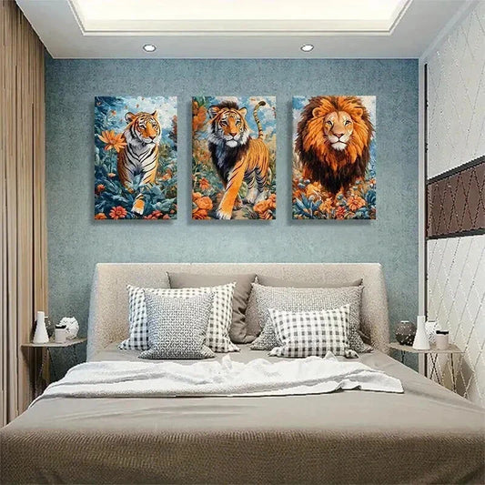 3pcs Majestic Tiger and Lion Floral Jungle Hues Wall Art Set Canvas Framed 40x60cm - High Quality Print 100% Australian Made Wall Canvas Ready to Hang