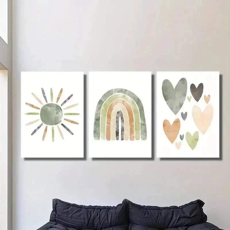 3pcs Bohemian Neutral Sun Rainbow Wall Art Set Canvas Framed 40x60cm - High Quality Print 100% Australian Made Wall Canvas Ready to Hang