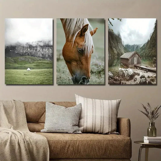 3pcs White Tent Green Grass Horse Mountain Metal Print Ready to Hang Art