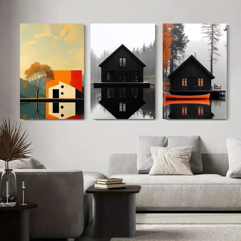 3pcs Modern House and Reflection Black House Metal Print Ready to Hang Art