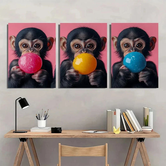 3pcs Monkeys Animal Bubble Gum Red Blue Metal Print Ready to Hang Art