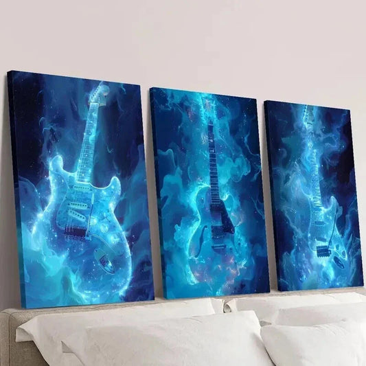 3pcs Guitars with Blue Flames Decoration Wall Art Set Canvas Framed 40x60cm - High Quality Print 100% Australian Made Wall Canvas Ready to Hang