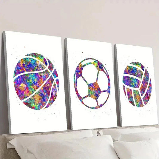 3pcs Colorful Basketball Volleyball & Soccer Wall Art Set Canvas Framed 40x60cm - High Quality Print 100% Australian Made Wall Canvas Ready to Hang
