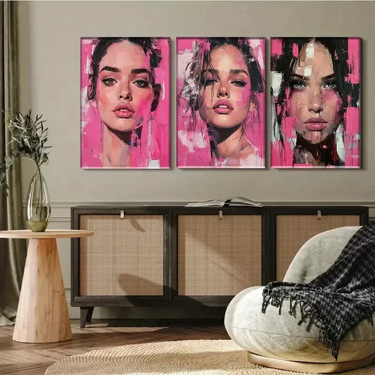 3pcs Pink Pop Art Female Portrait Triptych Wall Art Set Canvas Framed 40x60cm - High Quality Print 100% Australian Made Wall Canvas Ready to Hang