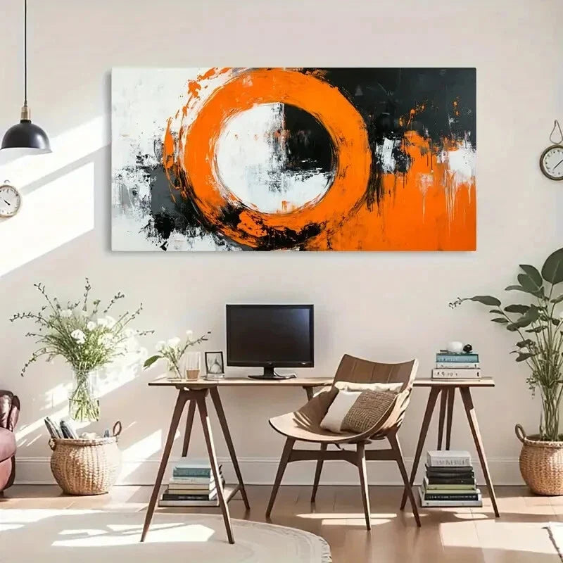 Bold Orange & Black Circular Wall Art Canvas Office Home Room Framed 120x60cm