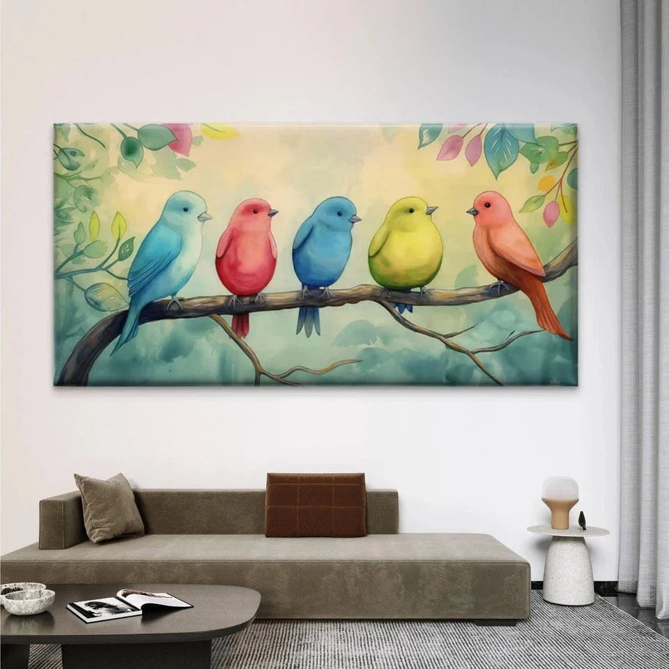 Colorful Birds on Branch Wall Art Canvas Office Home Room Framed 80x45cm