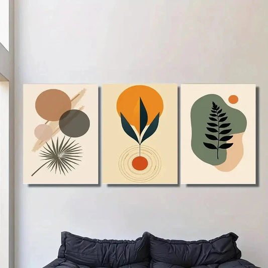 3pcs Modern Abstract Boho Style Orange Metal Print Ready to Hang Art
