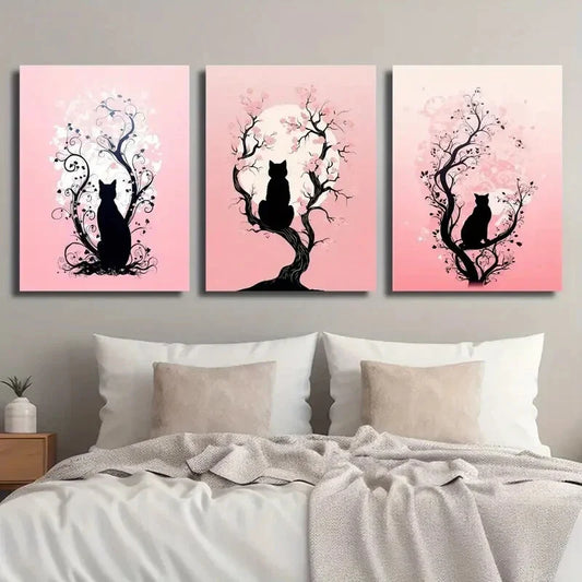 3pcs Black Cat & Pink Cherry Blossoms Abstract Metal Print Ready to Hang Art