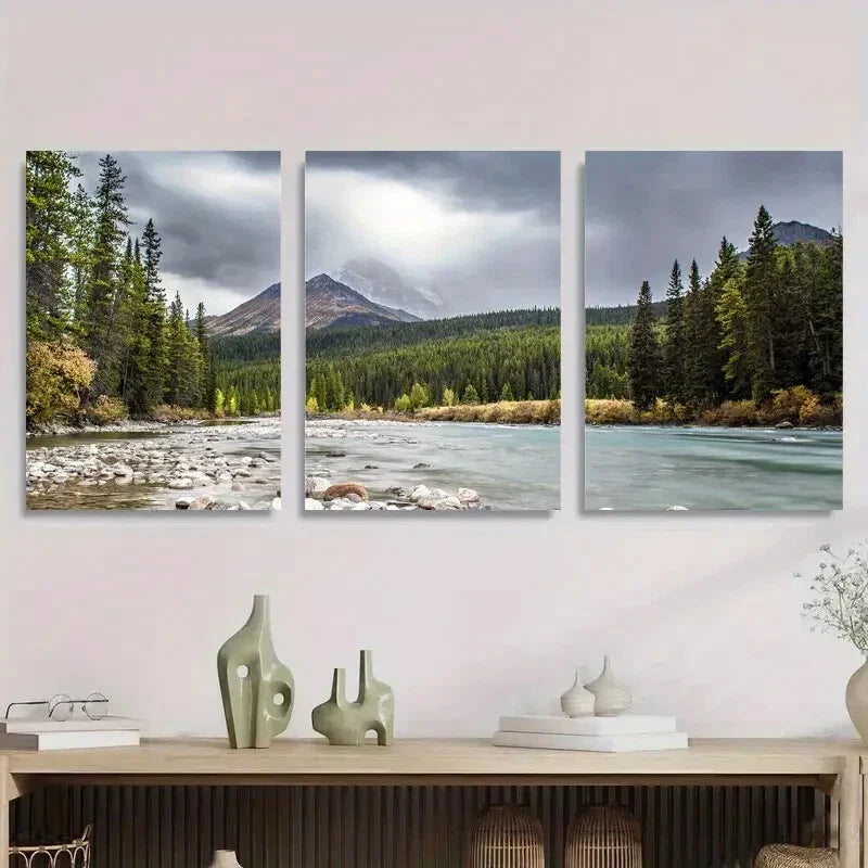 3pcs Serene Forest and Water Landscape Metal Print Ready to Hang Art