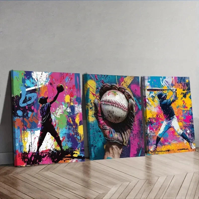 3pcs Baseball Graffiti Boy Colorful Perfect Wall Art Set Canvas Framed 40x60cm - High Quality Print 100% Australian Made Wall Canvas Ready to Hang