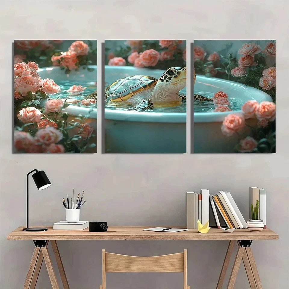 3pcs Whimsical Sea Turtle in Bathtub Metal Print Ready to Hang Art