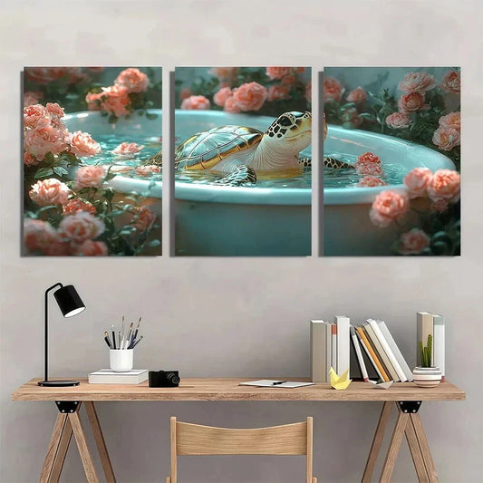 3pcs Whimsical Sea Turtle in Bathtub Metal Print Ready to Hang Art