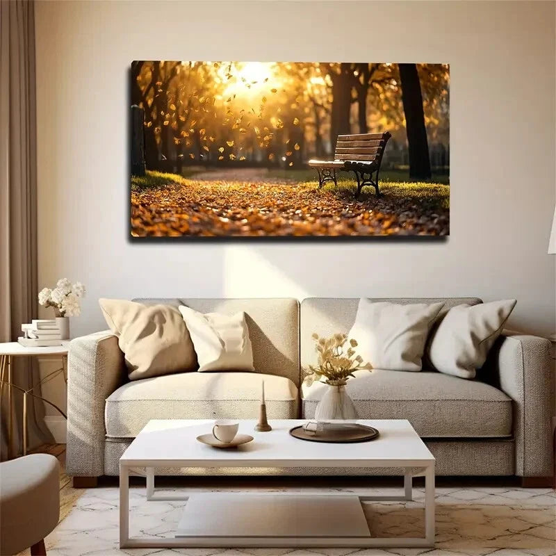 Autumn Pathway Wooden Bench Wall Art Canvas Office Home Room Framed 120x60cm