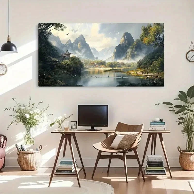 Serene Nature Scene Temples Wall Art Canvas Office Home Room Framed 120x60cm