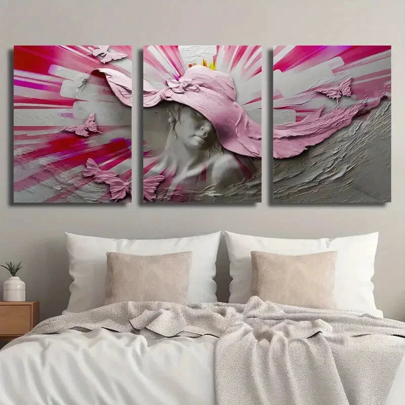 3pcs Woman Wearing a Hat and Butterflies Wall Art Set Canvas Framed 40x60cm - High Quality Print 100% Australian Made Wall Canvas Ready to Hang