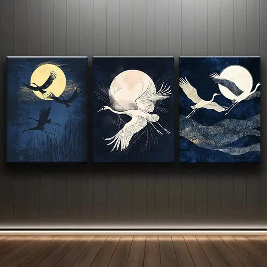 3pcs Cranes Fly Under the Moon Darkness Night Wall Art Set Canvas Framed 40x60cm - High Quality Print 100% Australian Made Wall Canvas Ready to Hang