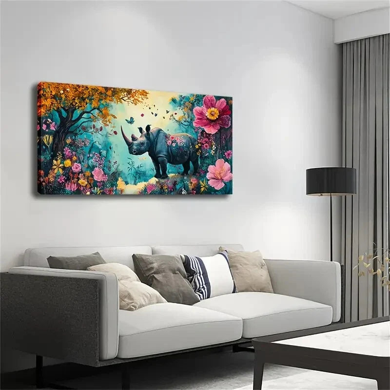 Vibrant Watercolor Rhino Flower Wall Art Canvas Office Home Room Framed 120x60cm
