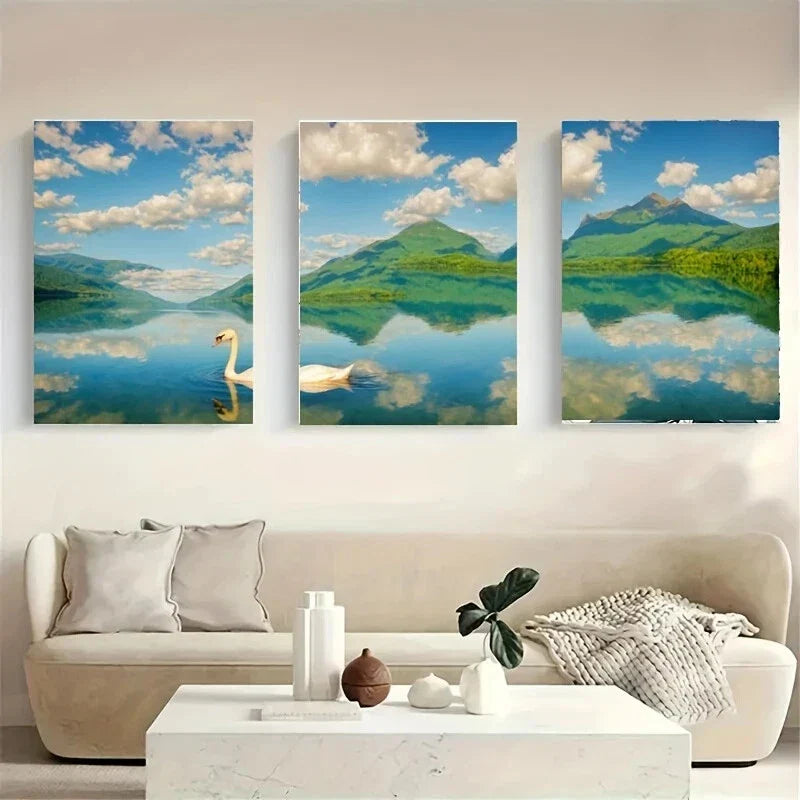 3pcs A White Swan Swimming in a Calm Metal Print Ready to Hang Art
