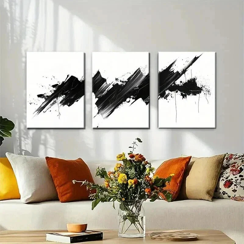 3pcs Modern Abstract Black White Stroke Perfect Wall Art Set Canvas Framed 40x60cm - High Quality Print 100% Australian Made Wall Canvas Ready to Hang