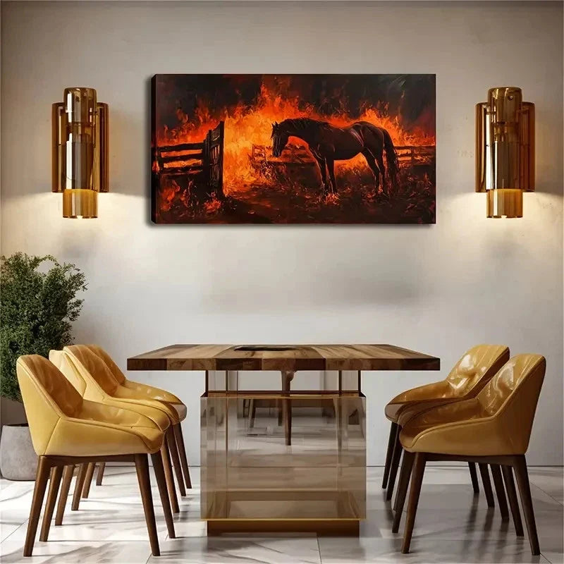 Dramatic Horse & Flames Design Wall Art Canvas Office Home Room Framed 80x45cm