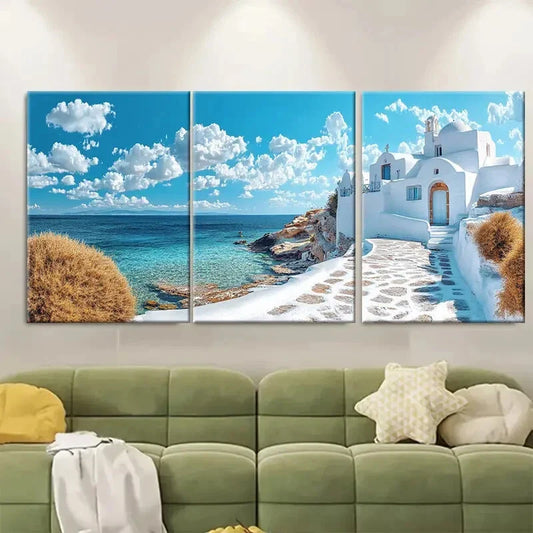 3pcs Traditional Cycladic Architecture with Blue Metal Print Ready to Hang Art