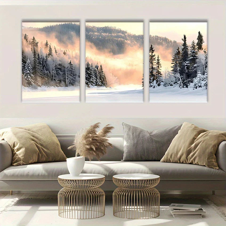 3pcs Snow-Covered Trees and Foggy Lake Scene Metal Print Ready to Hang Art