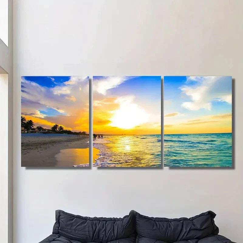 3pcs Beach Sunset Triptych Vibrant Orange & Blue Metal Print Ready to Hang Art