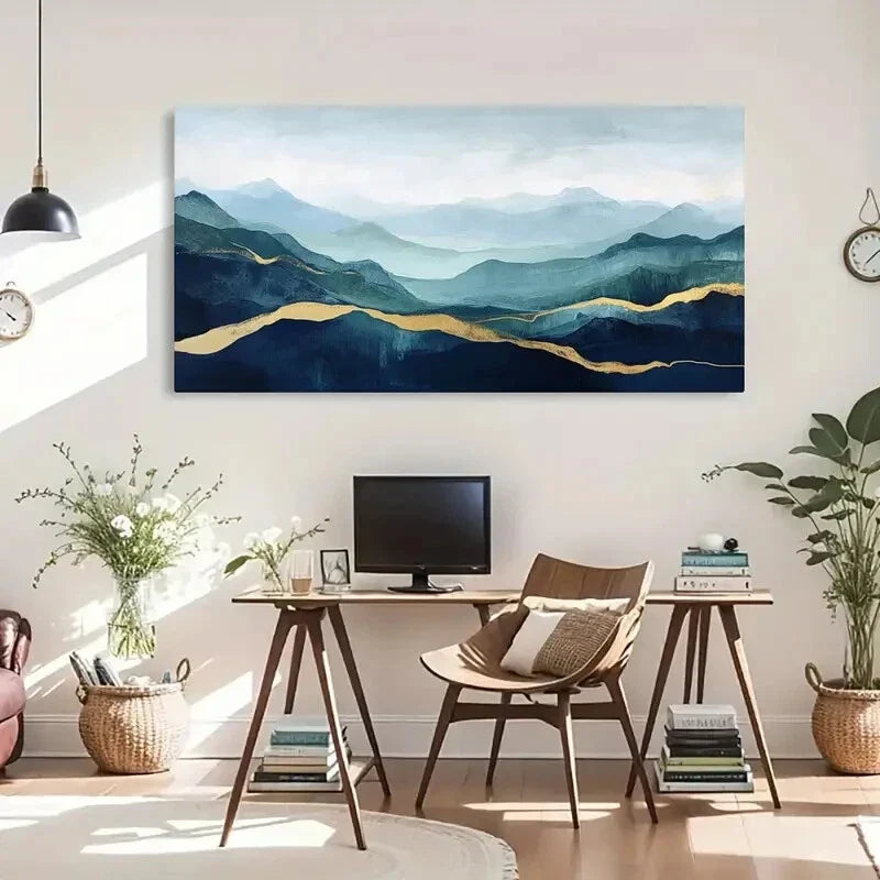 Blue & Golden Serene Nature Wall Art Canvas Office Home Room Framed 80x45cm