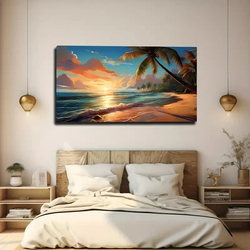 Vibrant Ocean & Palm Tree Wall Art Canvas Office Home Room Framed 80x45cm