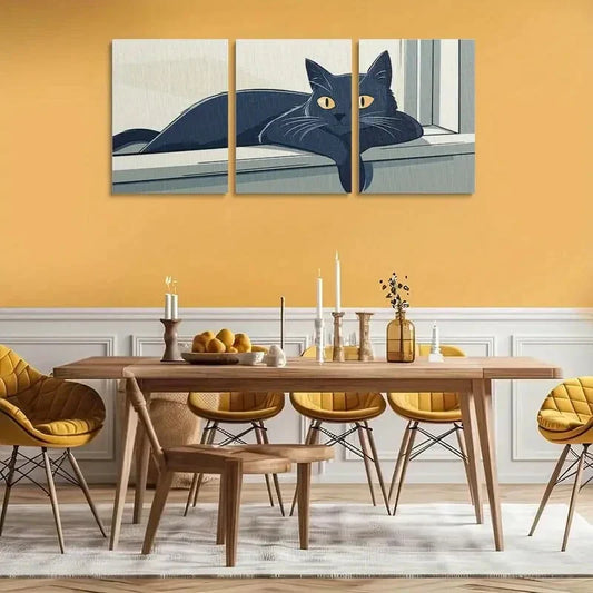 3pcs Black Cat Navy Blue & Yellow Accent Metal Print Ready to Hang Art