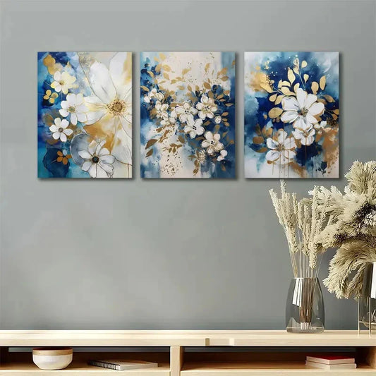3pcs Blue & Golden Floral Abstract Navy & Golden Metal Print Ready to Hang Art