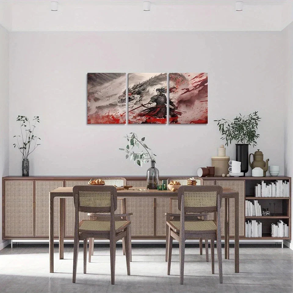 3pcs Japanese Samurai and Black Dragon Metal Print Ready to Hang Art
