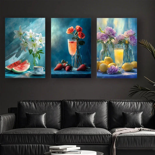 3pcs Abstract Fruit and Beverage Metal Print Ready to Hang Art
