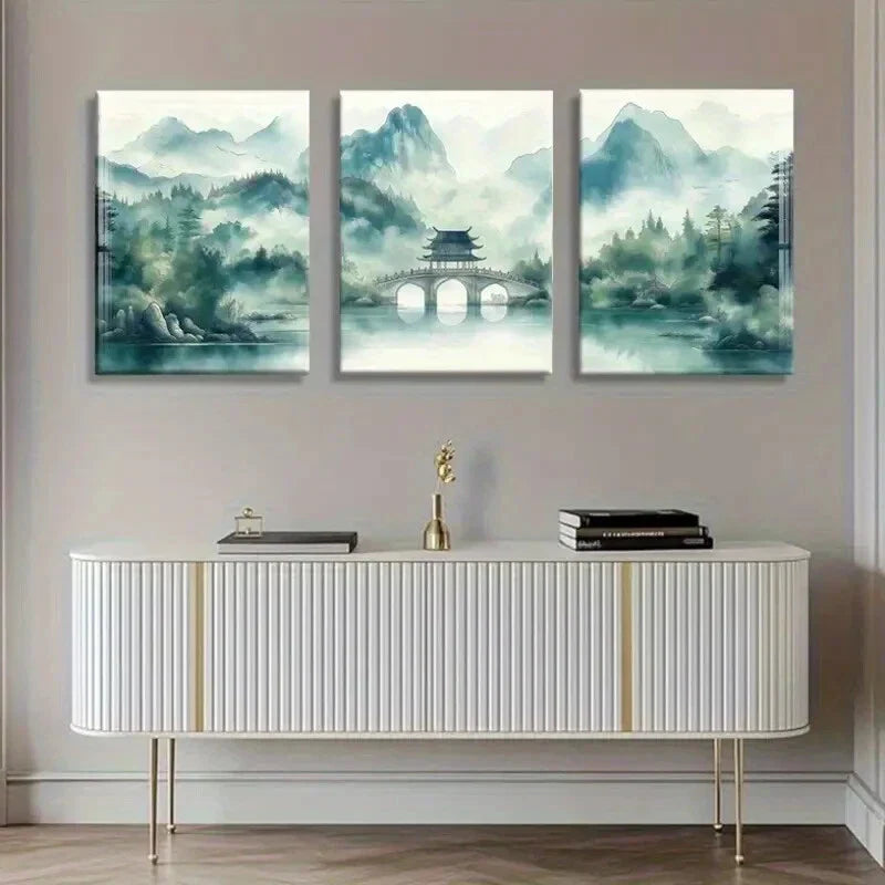 3pcs Serene Misty Mountain Bridge Lush Scene Wall Art Set Canvas Framed 40x60cm - High Quality Print 100% Australian Made Wall Canvas Ready to Hang