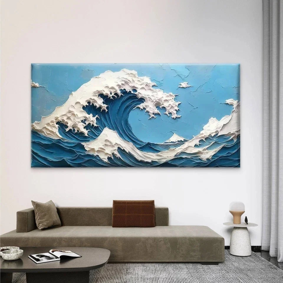 Blue & White Abstract Ocean WaveWall Art Canvas Office Home Room Framed 80x45cm