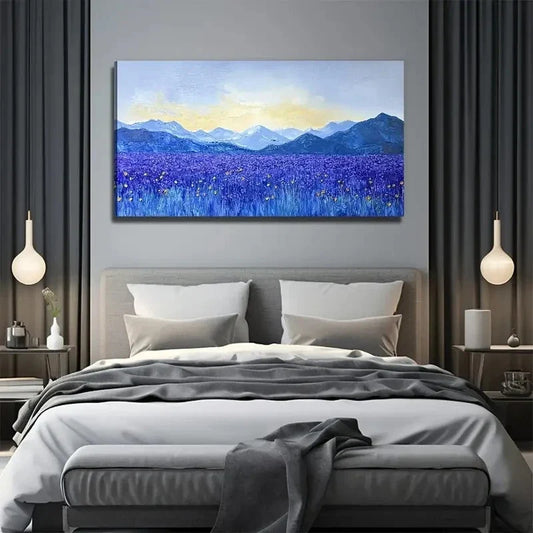 Purple Field Floral Painting Wall Art Canvas Office Home Room Framed 80x45cm