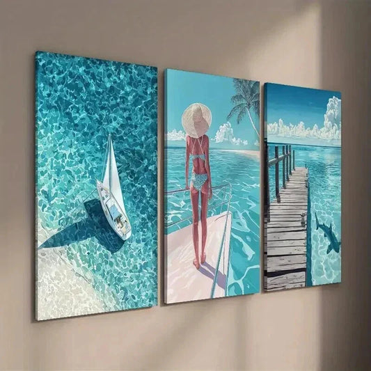 3pcs Beach & Serene Ocean Scene with Sailboat Wall Art Set Canvas Framed 40x60cm - High Quality Print 100% Australian Made Wall Canvas Ready to Hang