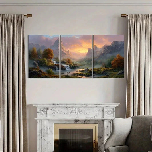 3pcs Autumn Trees Waterfall Sunset Glow Metal Print Ready to Hang Art