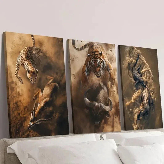 3pcs Cheetah Tiger Crocodile Hunting & Eating Wall Art Set Canvas Framed 40x60cm - High Quality Print 100% Australian Made Wall Canvas Ready to Hang
