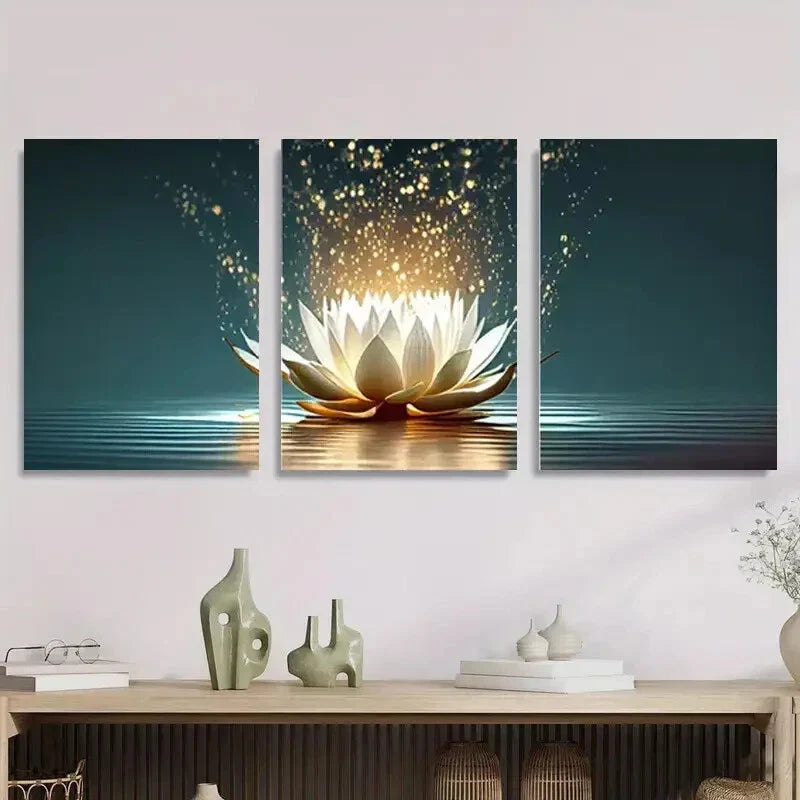 3pcs Elegant White Lotus Blossoms with Glowing Metal Print Ready to Hang Art