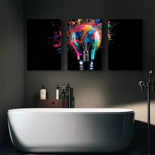 3pcs Abstract Painting Depicting a Light Bulb Metal Print Ready to Hang Art