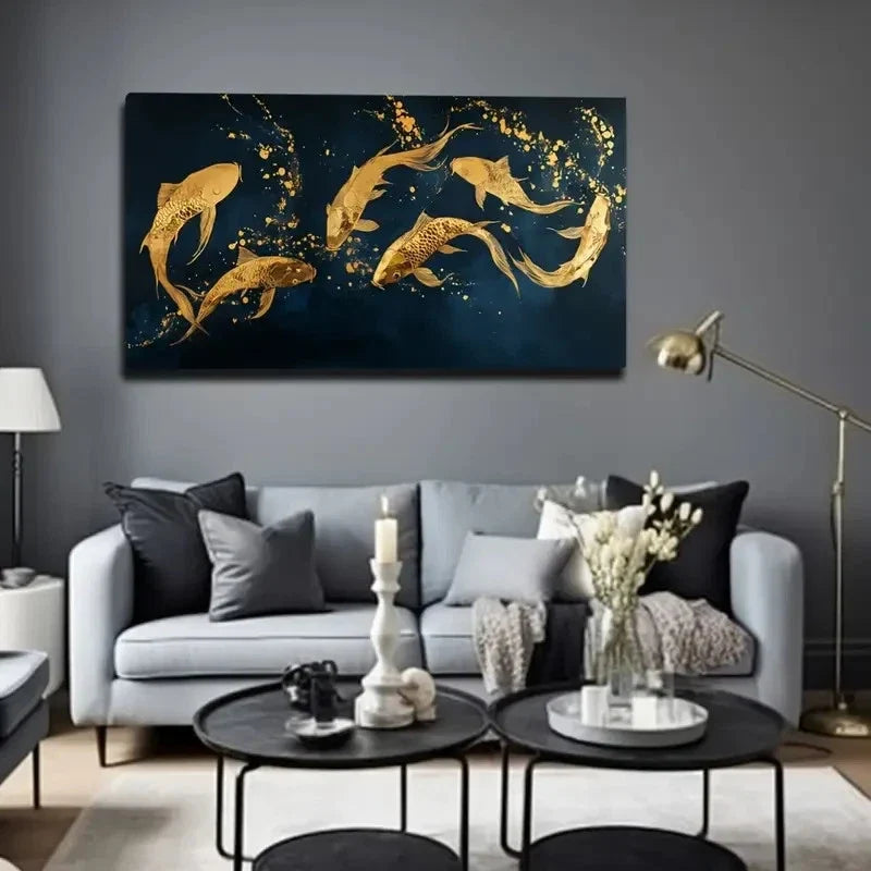 Abstract Fish Modern Golden Wall Art Canvas Office Home Room Framed 120x60cm