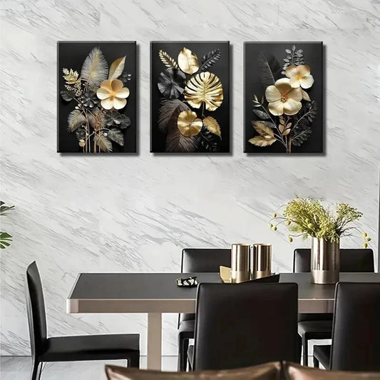 3pcs Set of Black Golden Plant Flowers Wall Art Set Canvas Framed 40x60cm - High Quality Print 100% Australian Made Wall Canvas Ready to Hang